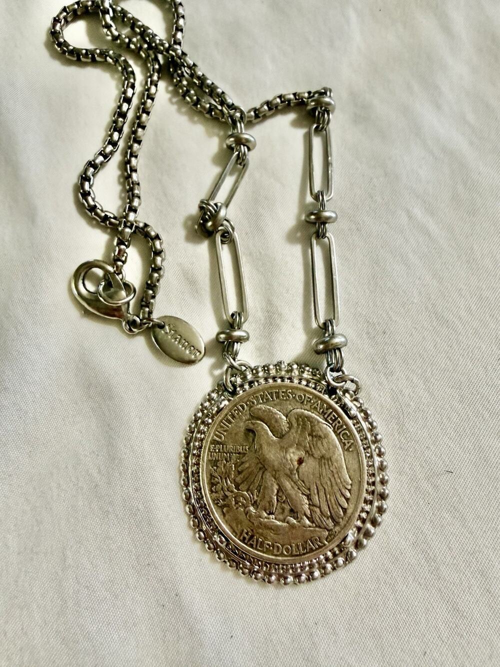 STAUER Walking Liberty Half Dollar Coin Eagle/Tails-Side Pendant Necklace Boxed